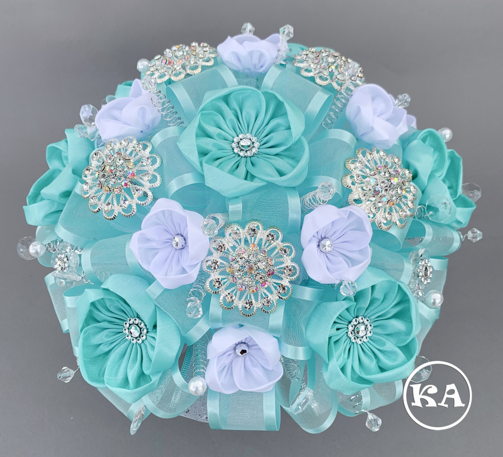 kn-021 quinceanera bouquet aqua green with silver